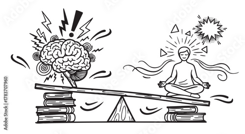 Illustration of a brain and a meditating figure on a seesaw, symbolizing balance between mental activity and calmness.