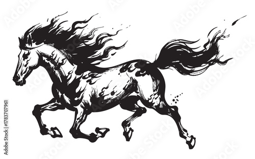 Black and white illustration of a galloping horse with flowing mane and tail, depicting energy and movement.