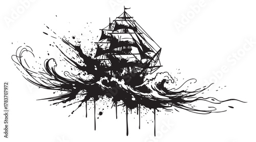 Ink splash art depicting a tall sailing ship navigating through turbulent ocean waves with dramatic motion lines.