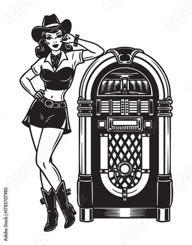Retro-style illustration of a young caucasian female wearing a cowboy hat and boots, standing confidently next to a vintage jukebox.