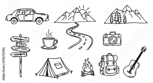Hand-drawn black and white icons of camping and travel essentials featuring a vintage car, mountains, hiking signs, a coffee cup, a camera, and a backpack.