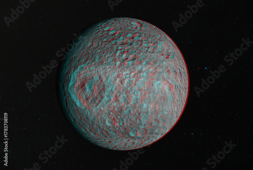 3D anaglyph image of Mimas (natural satellite of Saturn) . Includes NASA data. View with red/cyan glasses.