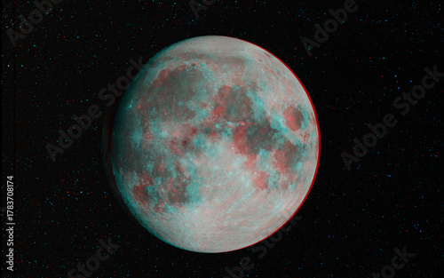 3D anaglyph image of the Moon. Includes NASA data. View with red/cyan glasses.