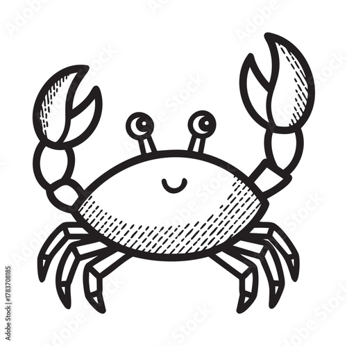 Black outline vector icon of a smiling crab with raised claws, featuring simple and minimalistic design elements for sea life themes.