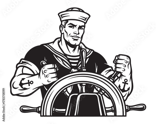 Black and white illustration of a muscular male sailor with tattoos steering a ship's wheel, showcasing nautical strength and control.