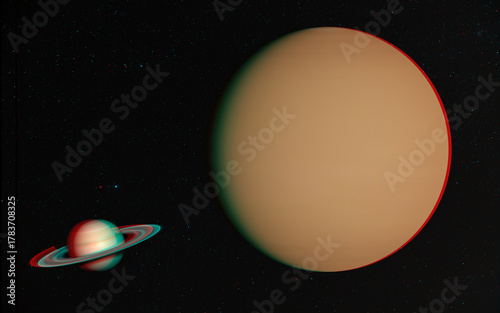 3D anaglyph image of Titan and Saturn. Includes NASA data. View with red/cyan glasses.