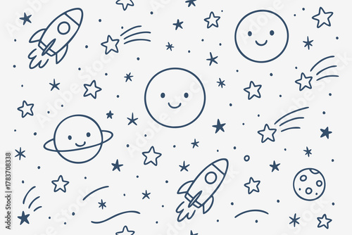 Whimsical Hand Drawn Outer Space Doodle Seamless Pattern with Rockets Planets and Stars Kids Background