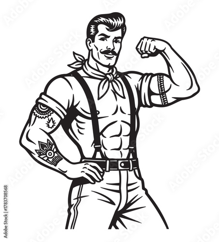 Muscular male with mustache posing confidently, showcasing arm tattoos and wearing suspenders and a neckerchief attire.