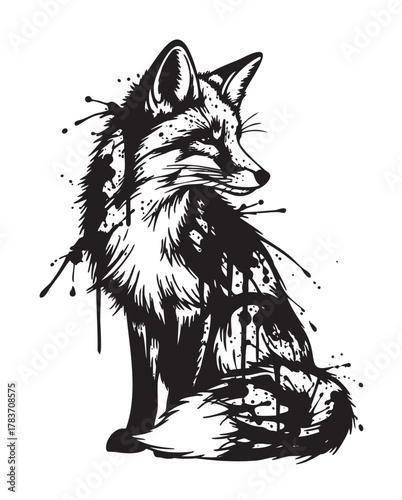 Black and white artistic illustration of a fox with ink splatters and detailed fur texture, showcasing a dynamic and expressive style.