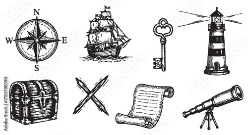 Vintage nautical illustrations featuring a compass rose, sailing ship, antique key, lighthouse, treasure chest, crossed swords, scroll, and telescope.
