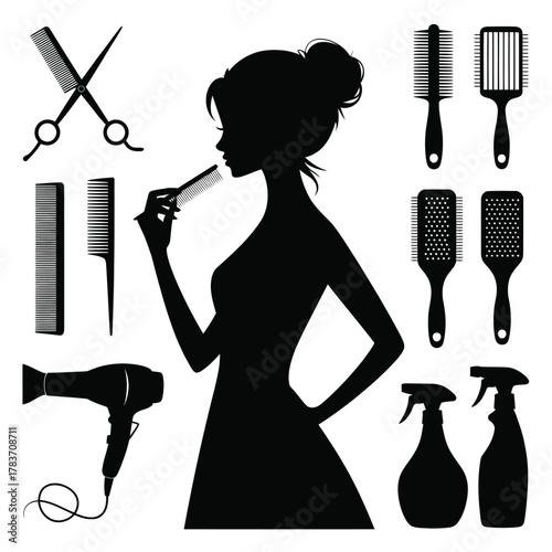 Silhouette of a woman with hairdressing tools and accessories
