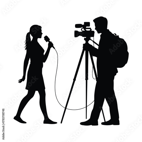 Silhouette of a female reporter interviewing a cameraman with a video camera