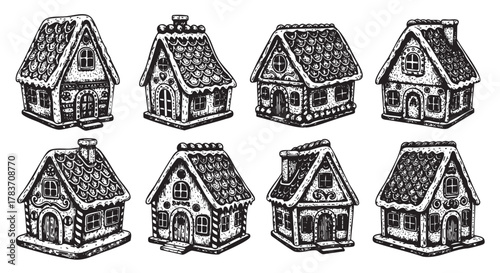 Eight intricately designed gingerbread houses decorated with varied patterns, including shingles and bricks, displayed in a monochrome ink illustration.