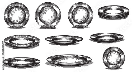 Black and white detailed sketches of round plates in various perspectives, showcasing intricate shading and line work for artistic and culinary concepts.