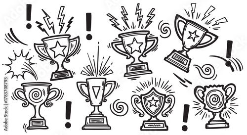 Black and white hand-drawn illustration of various trophy designs with stars, exclamation marks, and radiating lines, symbolizing victory and achievement.