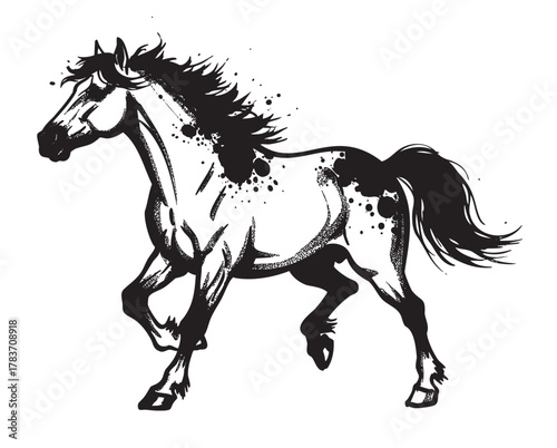 Black and white illustration of a galloping horse with an ink splash effect, showcasing a dynamic and artistic style.