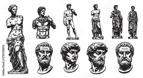 Detailed black and white engravings of various classical statues and busts, depicting historical male and female figures in diverse poses and expressions.