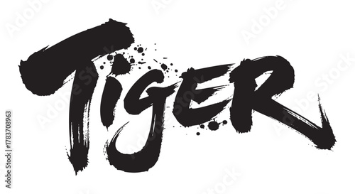 Bold, stylized black brushstroke text spelling "tiger" with dynamic splatter elements in a modern artistic design.