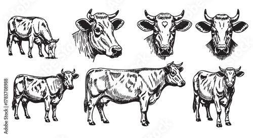 Black and white sketch-style illustrations of cows featuring full-body and head portraits, highlighting various expressions and positions.