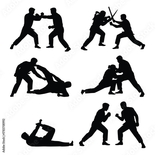 Silhouettes of martial arts fighters in action poses