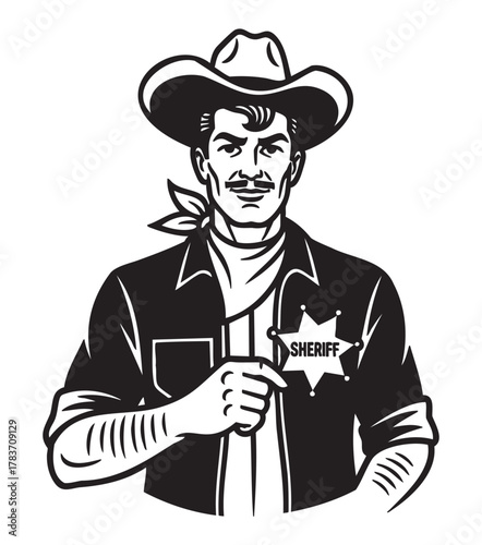 Black and white illustration of a male sheriff in a classic cowboy hat holding a badge, wearing a bandana and a shirt with rolled-up sleeves.