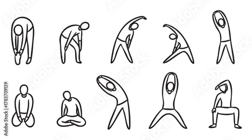 Black outline icons of ten human figures in various stretching poses, depicting a range of physical exercises and flexibility activities.