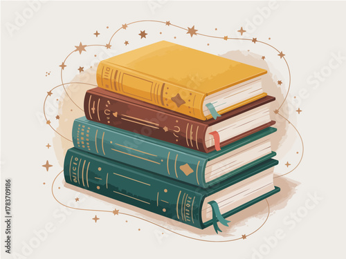 This delightful illustration portrays a stack of vintage books adorned with stars, symbolizing the magic of reading and imagination in a whimsical manner.