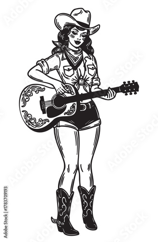 Caucasian female musician wearing a cowboy hat and boots plays a decorated guitar, embodying a western style.