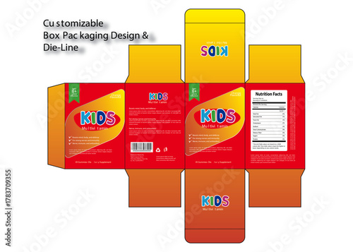 Vibrant kids multivitamin box packaging template ready for customization and die-line adjustments for dietary supplement branding