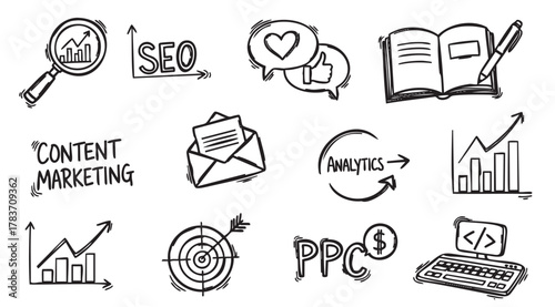 Hand-drawn black and white business icons depicting seo, content marketing, analytics, email, and ppc for digital marketing concepts.