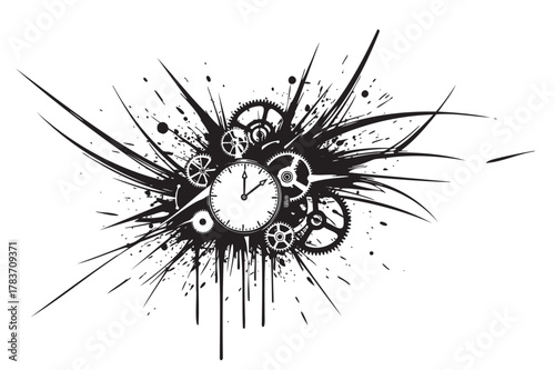Black and white abstract clock design with gears and splatters creating a dynamic sense of motion and time.