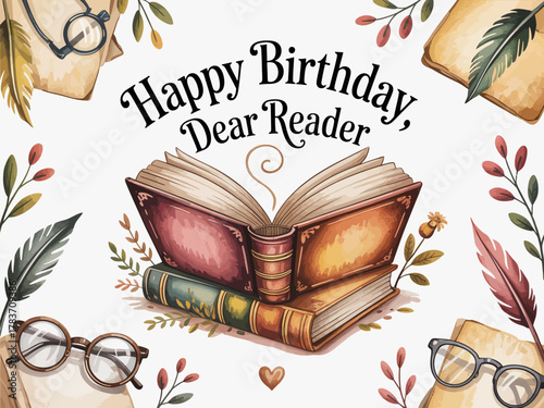 This delightful birthday greeting showcases a whimsical design with a stack of books and glasses, celebrating book lovers' birthdays in an artistic and inviting way.