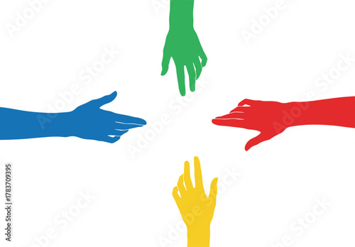 Colorful unity hands illustration, teamwork diversity concept, collaboration symbol, multicultural connection, abstract graphic design, inclusive partnership, creative community support artwork