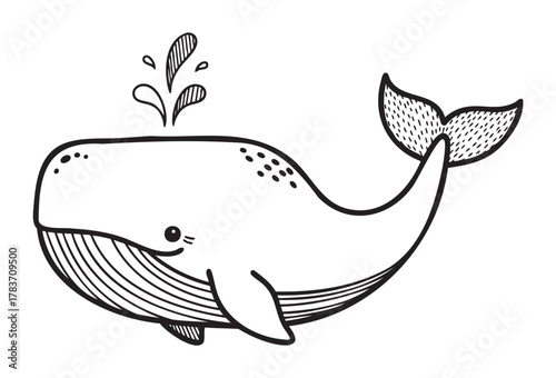 Black outline illustration of a happy whale spouting water, with a detailed tail and simple facial features.