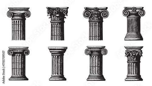 Detailed black ink illustrations of eight different classical column capitals, including doric, ionic, and corinthian styles.