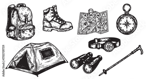 Black and white sketch of camping items including a backpack, hiking boot, map, compass, tent, binoculars, headlamp, and walking stick.