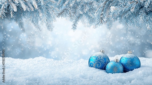 A serene winter scene featuring three blue Christmas ornaments with icy patterns resting in fresh snow in the foreground, framed by frosted pine branches above, against a soft, luminous blue backgroun