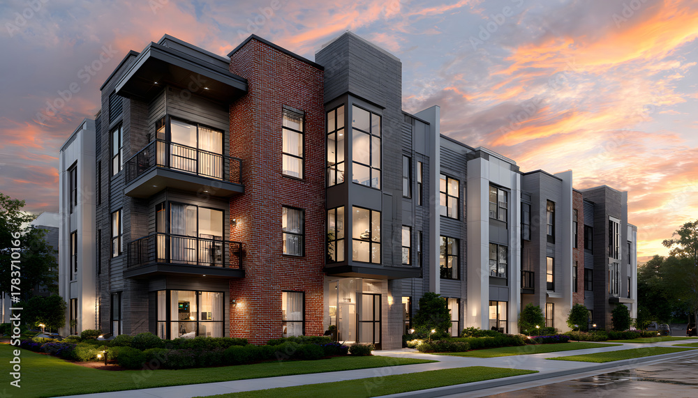 Fototapeta premium Modern multifamily housing property with brick, siding facade features balconies, manicured lawns