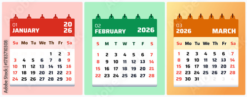 January 2026 Calendar. February january march 2026 Monthly Schedule, Creative January 2026 Time Management Design. Vector graphic