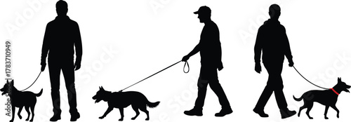 Dog walking silhouettes, people with pets, outdoor activity, leash training, urban lifestyle, exercise routine, companionship, animal care, fitness, healthy living