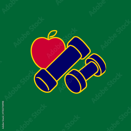 Fitness concept icon with dumbbells and an apple, vibrant colors, representing exercise and a healthy diet