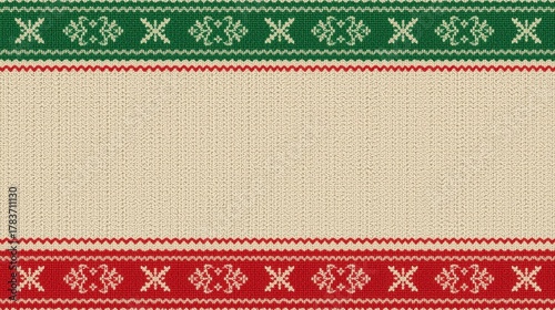 A horizontal background styled like an ugly Christmas sweater pattern, featuring a central light beige knit texture area bordered by strips of red and green zigzag and snowflake patterns.