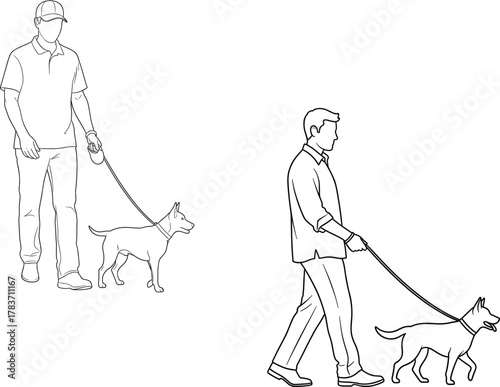 Dog walking line drawing, people with pets, leash training, outdoor activity, pet owner lifestyle, animal care, companionship, exercise routine, daily walk, illustration
