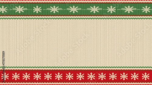 A horizontal background styled like an ugly Christmas sweater pattern, featuring a central light beige knit texture area bordered by strips of red and green zigzag and snowflake patterns.