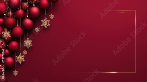 A dark crimson background with a subtle golden frame on the right side, bordered on the upper left by a cluster of hanging red Christmas baubles and golden snowflake decorations.