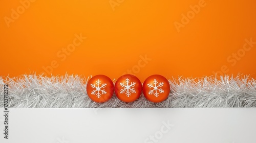 Three matte orange Christmas ornaments, each decorated with a white snowflake, are positioned on a strip of silver tinsel dividing a vibrant orange upper section and a plain white lower section.