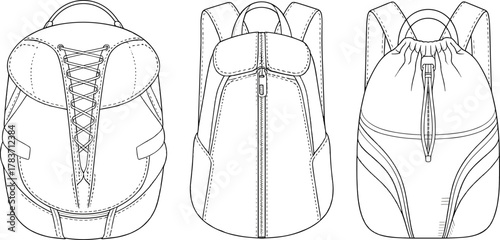 Cad drawing flat vector illustration, black and white backpack sketch, modern travel bag design, drawstring rucksack outline, fashion art