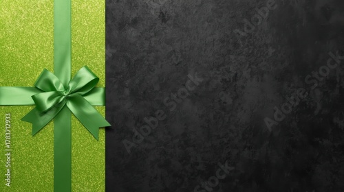 A lime green glitter texture, wrapped with a solid green ribbon and bow, occupies the left side of a dark, distressed, textured background.