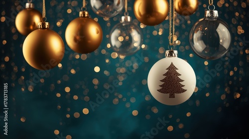 Hanging Teal and Gold Ornaments. Four Christmas ornaments (two gold, one clear, one white with a gold tree decal) suspended by strings against a dark teal background with heavy golden bokeh and glitte