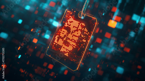 Digital red price tag with code on futuristic data background